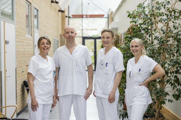 Sykepleiere fra Hema-team ved Sørlandet Sykehus i Kristiansand. Fra venstre: Elise Aksnes Omland, Alexander Brastad Koch, Hege Stormoen og Annika Løland